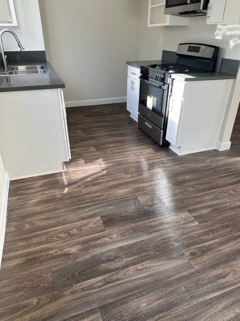 a kitchen with a stove and a sink